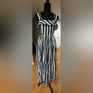 Moon River Striped Cutout Tiered Maxi Dress - Navy/White